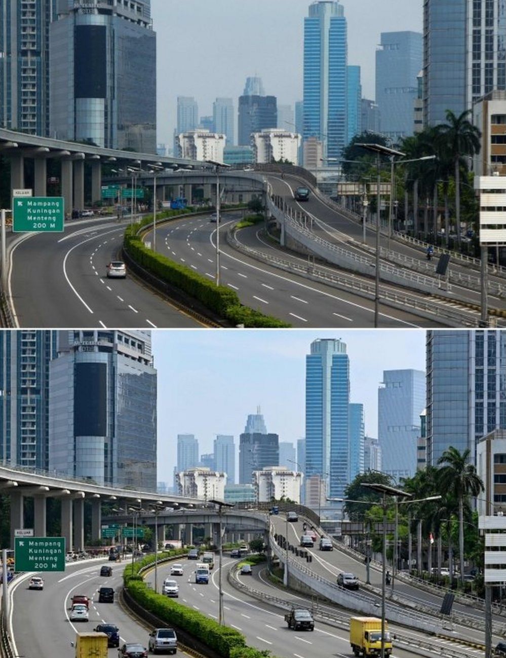 Vehicles commuting in a loose traffic in Indonesia's capital Jakarta on 10 April, 2020 (top) and traffic on the same road on 14 May