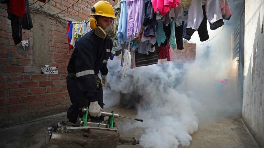 A worker in protective clothing sprays a house as a preventive measure against dengue fever, in Lima, Peru