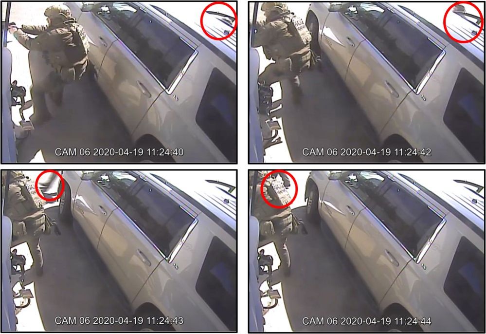 Констебль Хабли, вид с камер видеонаблюдения, когда он замечает вооруженного преступника на заправочной станции