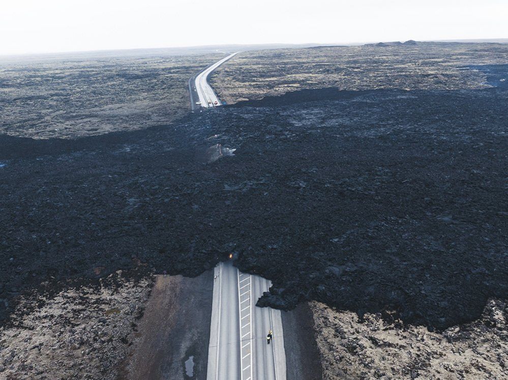 Magma and road, aerial view following volcanic eruption in Iceland