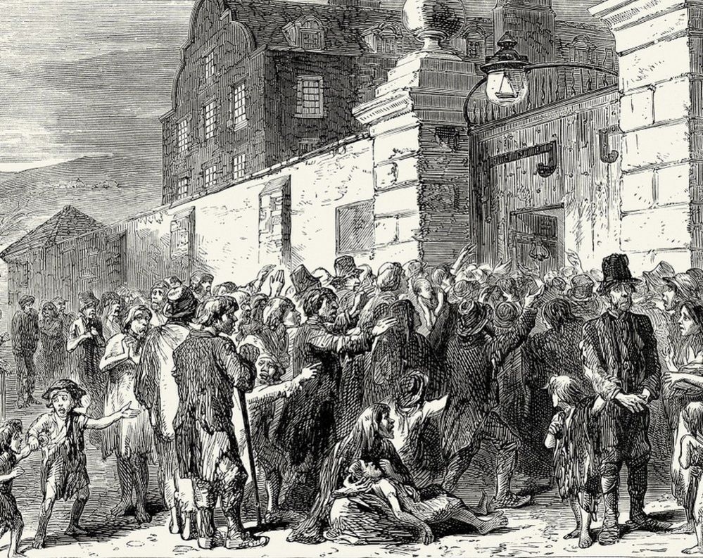 Detail from an illustration depicting a scene outside a 19th century workhouse during the Irish famine
