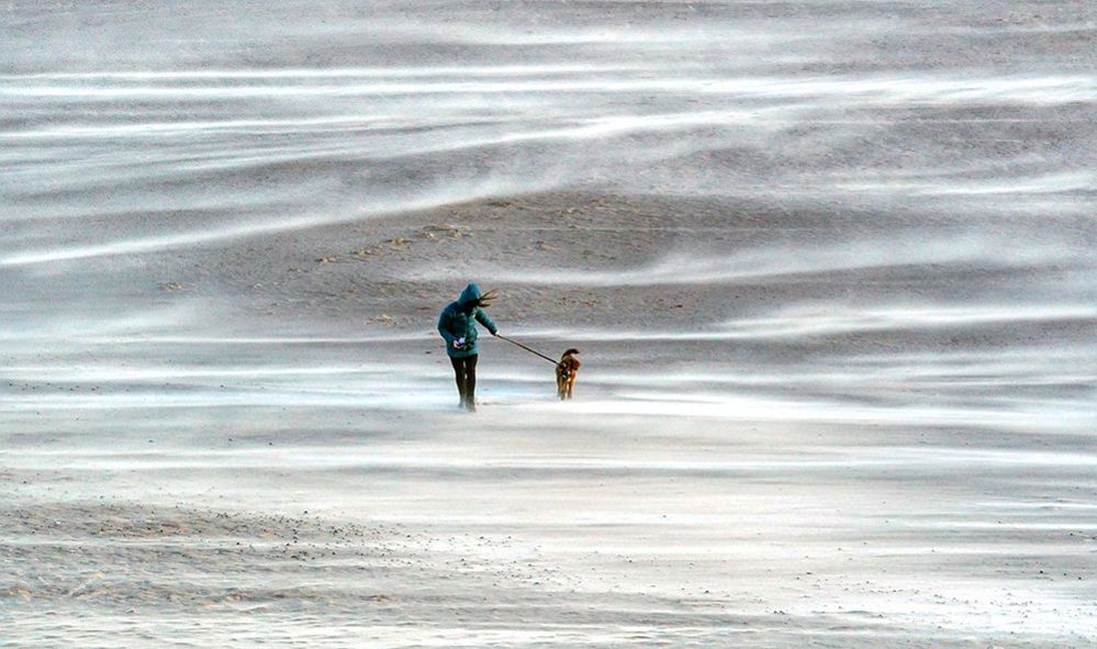 A person walking a dog on Tynemouth beach, as Storm Otto hits parts of Scotland and north-east England on Friday 17 February, 2023.