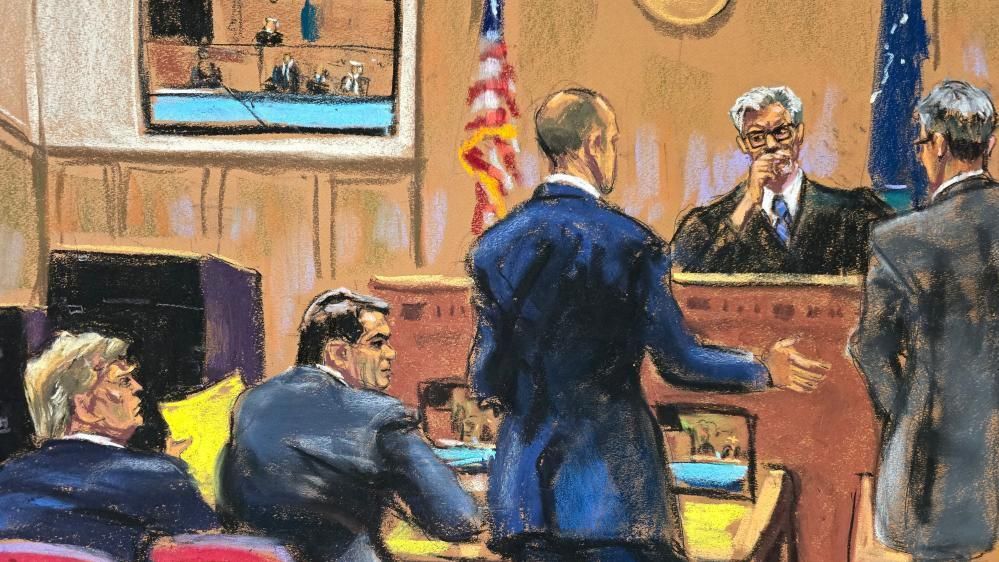 Sketch of Trump's legal defence team speaking to the judge