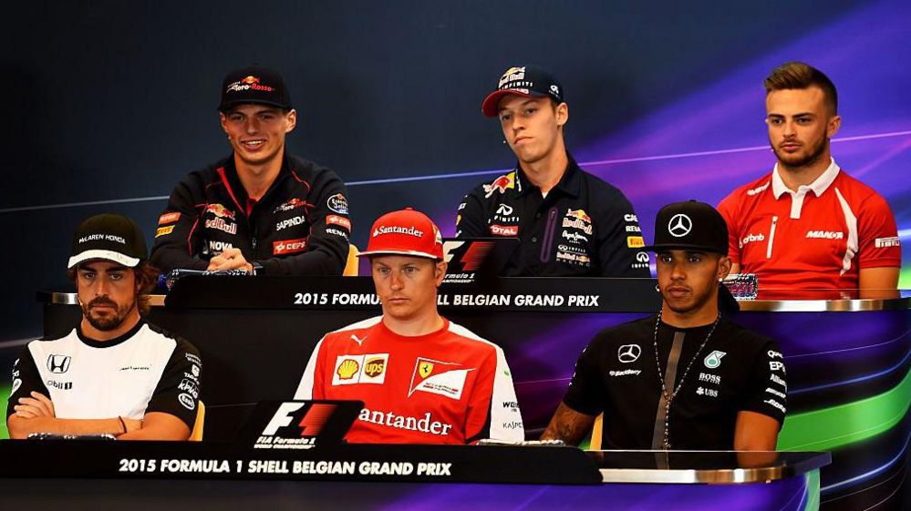 Formula 1 drivers answer questions at a press conference in Belgium. Top, from left, Max Verstappen, Daniil Kyvat and Will Stevens. Bottom, from left, Fernando Alonso, Kimi Raikkonen and Lewis Hamilton