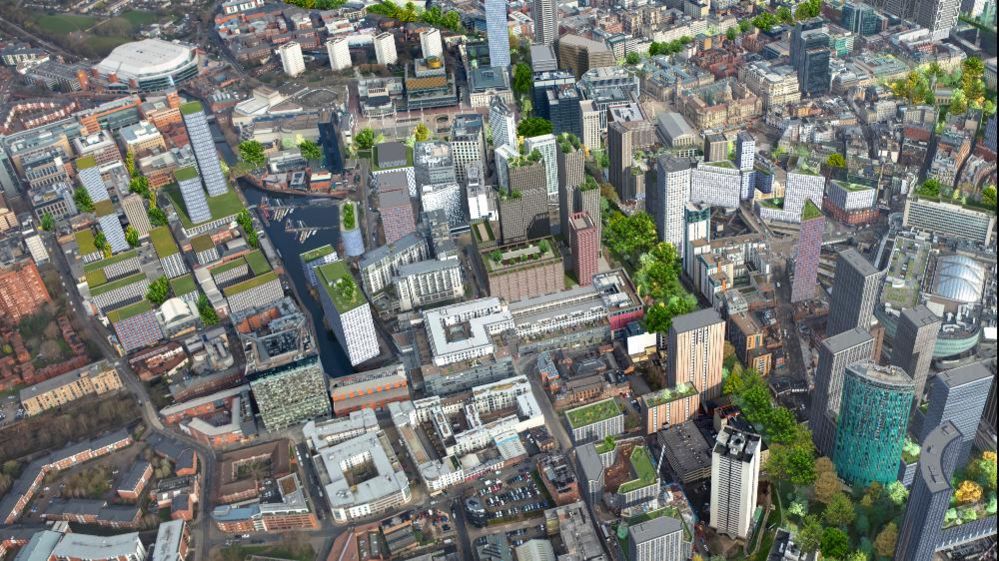 Artist's impression of how Birmingham could look - an aerial view showing trees along the city's ring road