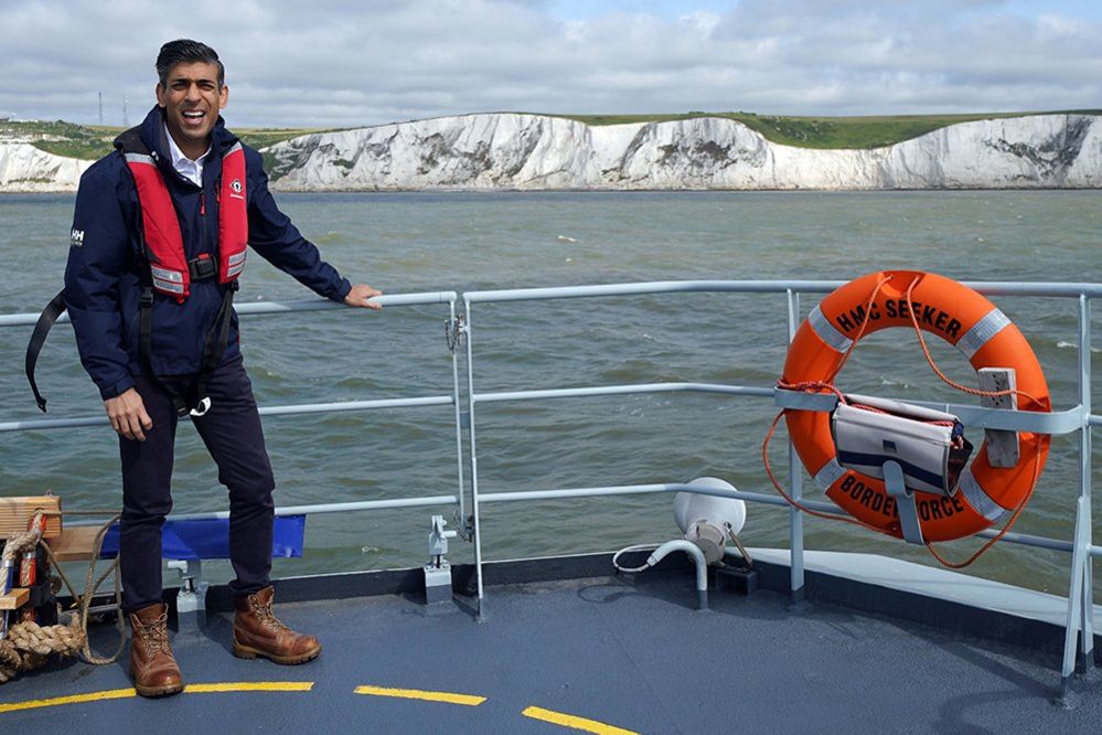 Rishi Sunak onboard Border Agency cutter HMC Seeker during a visit to Dover, June 2023