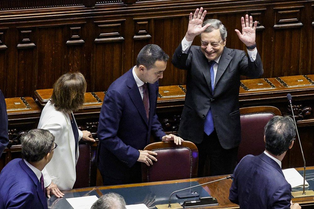 Italian Prime Minister Mario Draghi receives applause prior his speech at the Italian Lower House in Rome, Italy