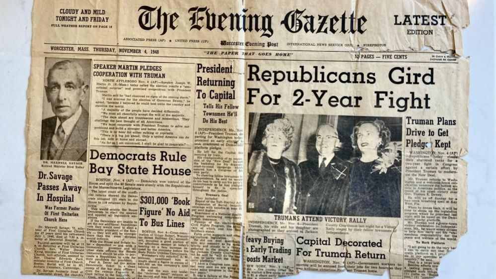 Torn clipping from The Evening Gazette showing photograph of President Truman