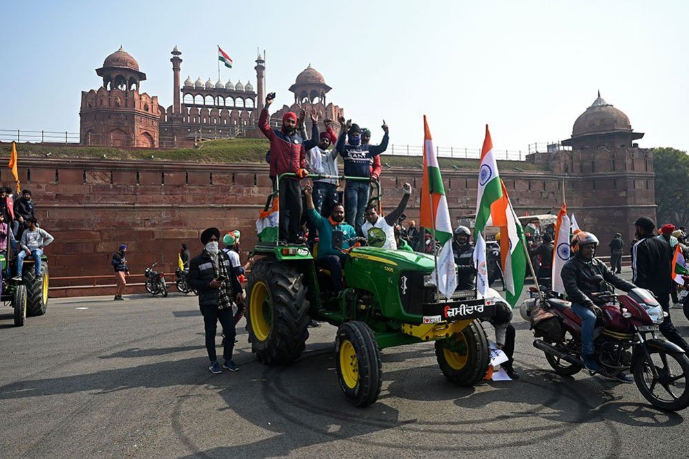 Farmers in front of Red Fort in New Delhi