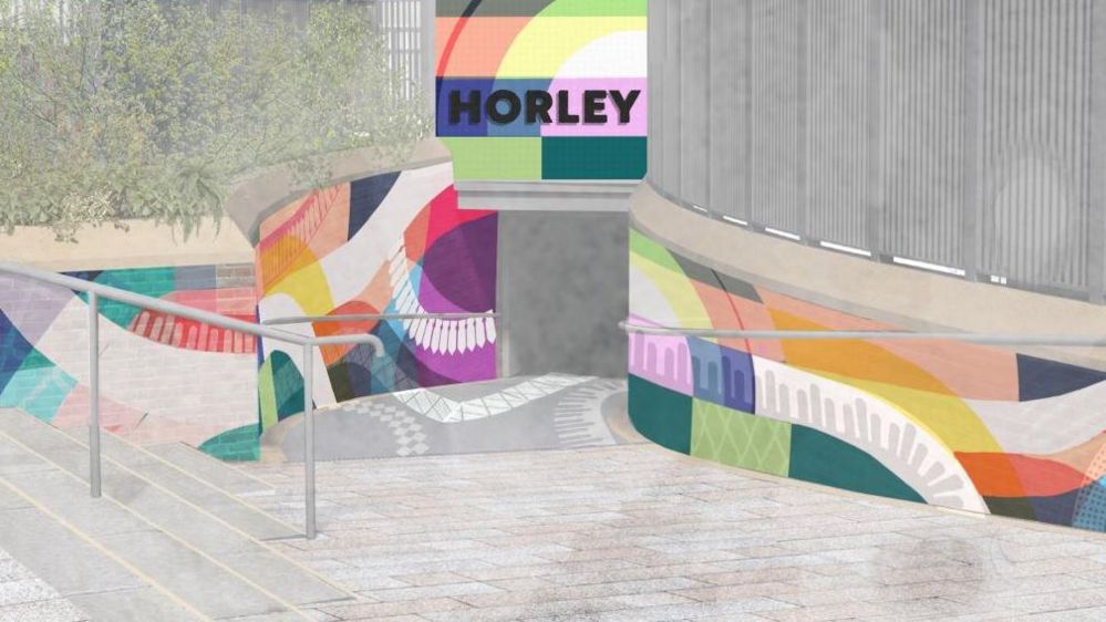 An artist's impression showing a mural painted on the sides of a subway entrance