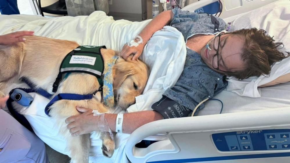 Charlie Vincent in a hospital bed with his hand on a dog