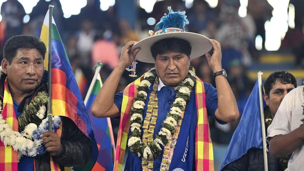 former president Evo Morales holds his hat at an event in Cochabamba in May