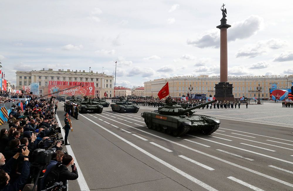 Russian military vehicles on Dvortsovaya Square during the Victory Day parade in St. Petersburg, Russia,
