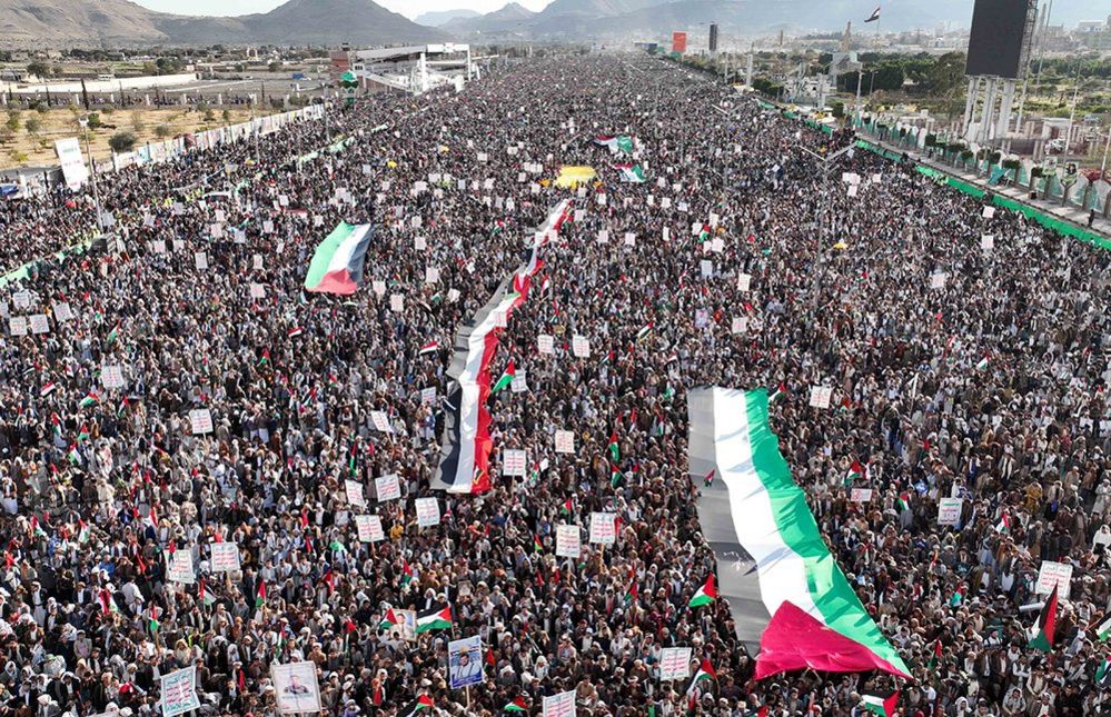 An aerial view of the demonstration organized with Palestinian flags and banners in support of Gaza by thousands of protesters gathered with the call of Iran-backed Houthis in Sanaa, Yemen on January 05, 2024