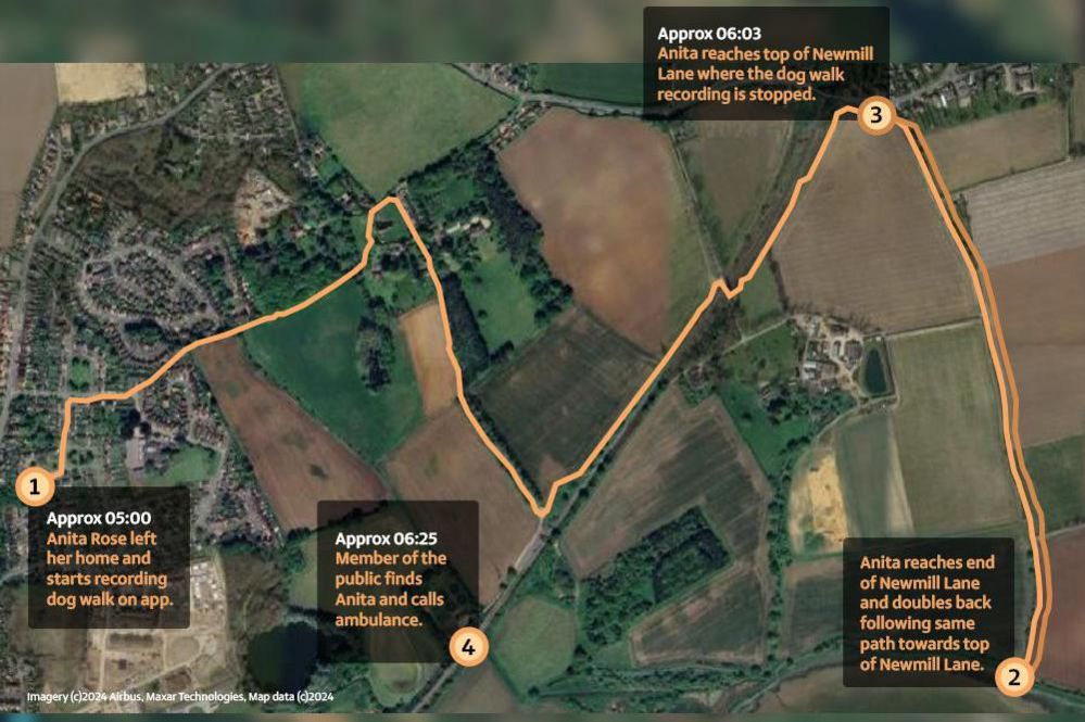 A map shows the route which Ms Rose before she was attacked in Brantham. It shows the route along a yellow line through paths around the village with information boxes detailing each stage.