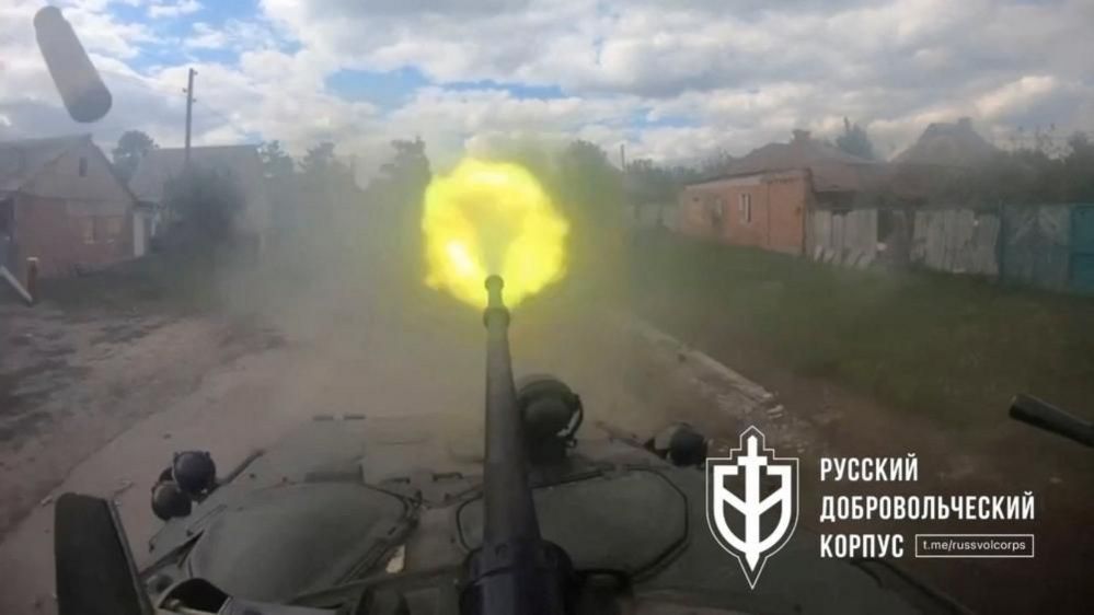 A weapon on an armoured vehicle is fired in Vovchansk, Kharkiv Oblast, Ukraine,