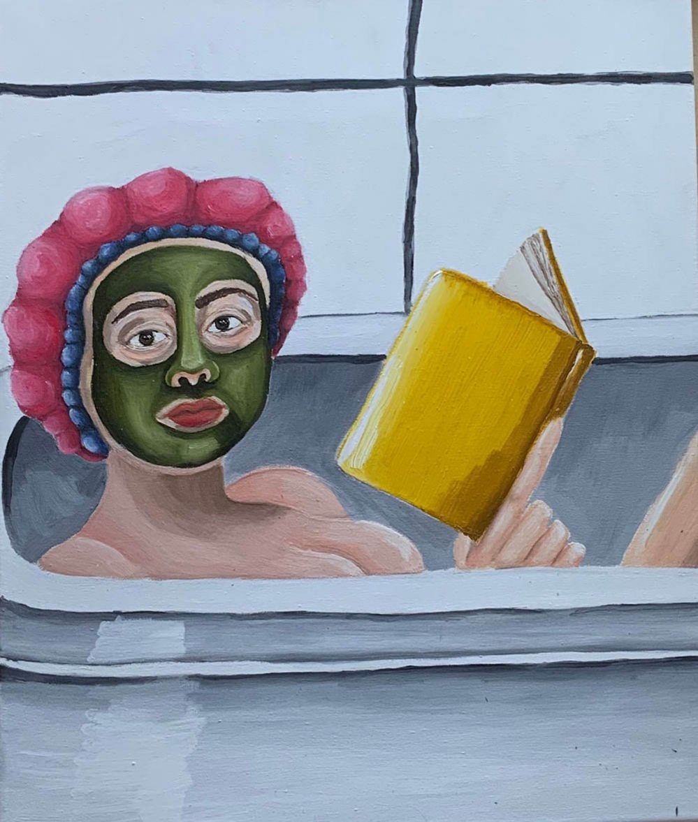 Painting of a woman reading in the bath