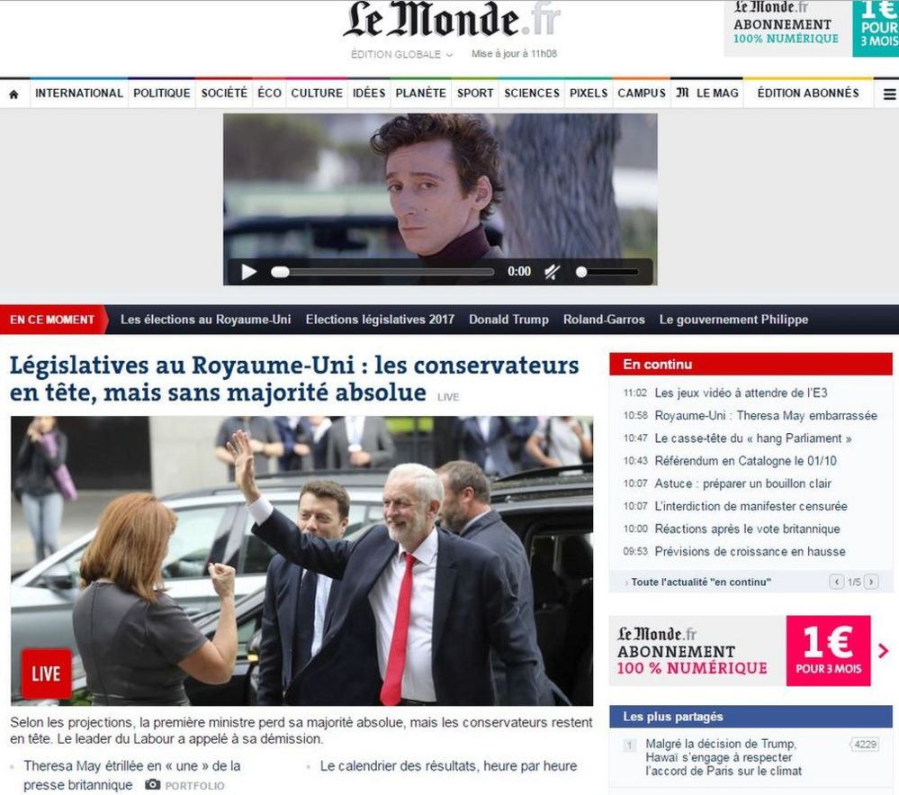 Le Monde online ran a picture of a beaming Jeremy Corbyn, Theresa May's Labour rival, waving