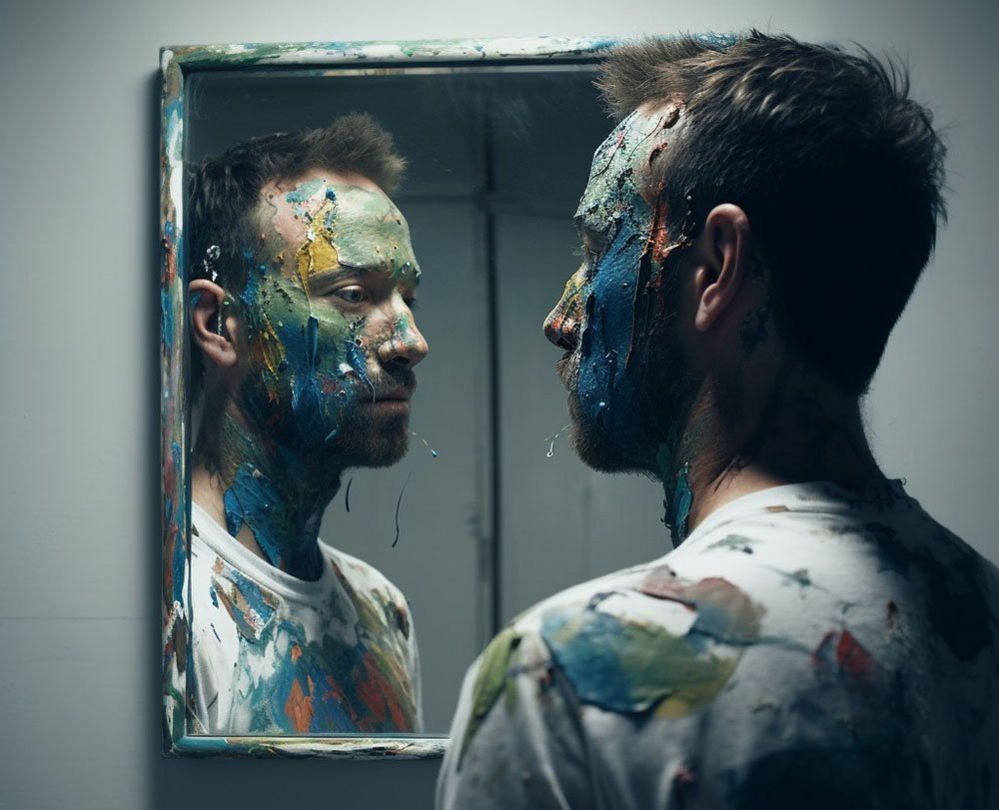 Man covered in paint looking in a mirror