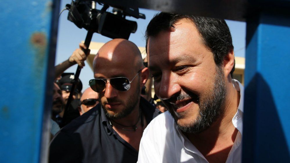 Italy's new interior minister Matteo Salvini arrives at a reception centre in Pozzallo, Sicily, on June 3, 2018