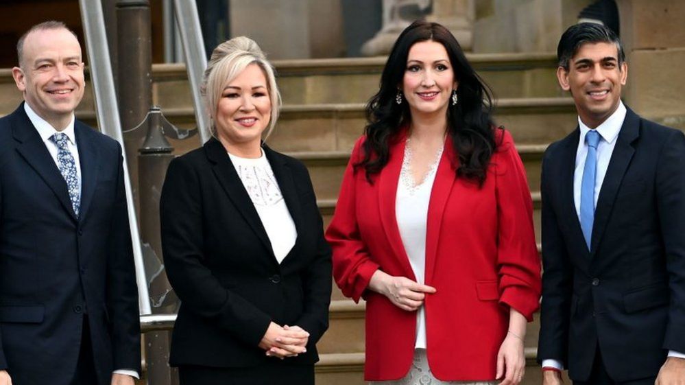 Northern Ireland Secretary Chris Heaton-Harris, First Minister Michelle O'Neill, Deputy First Minister Emma Little-Pengelly and Prime Minister Rishi Sunak at Stormont Castle.
