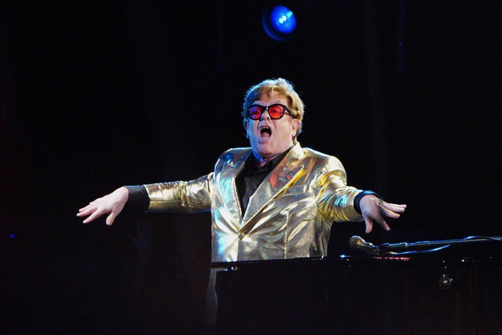 Elton John performing on the Pyramid Stage at the Glastonbury Festival at Worthy Farm in Somerset, 25 June 2023