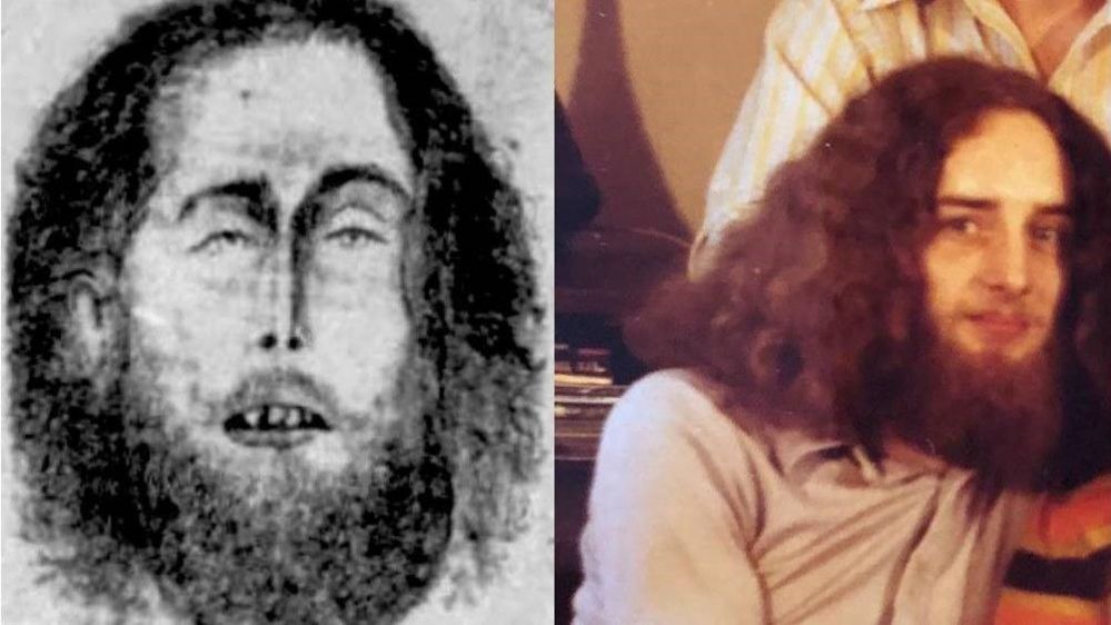 Drawing of Grubb's body when it was identified, juxtaposed with a photo of Grubb himself