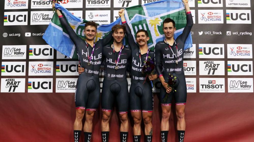Team Huub-Wattbike on the podium after winning Track World Cup gold in London in 2018