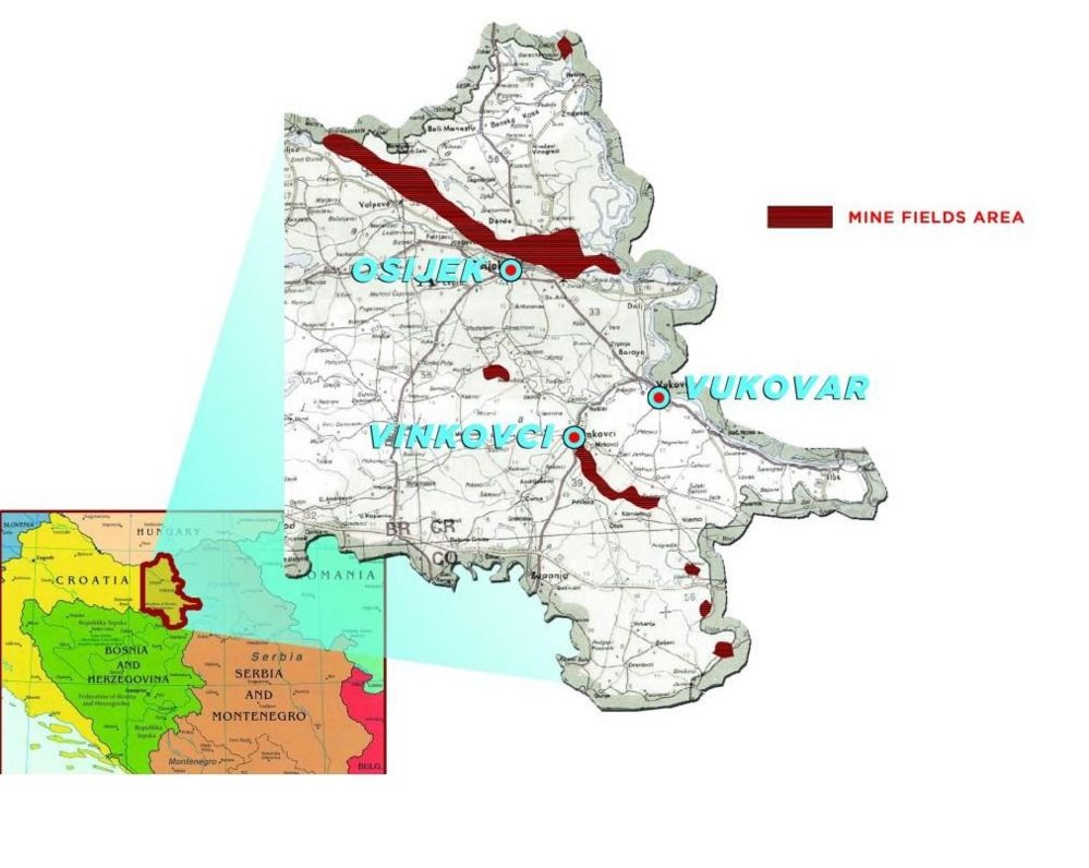Map highlighting area where mines are located in eastern Croatia