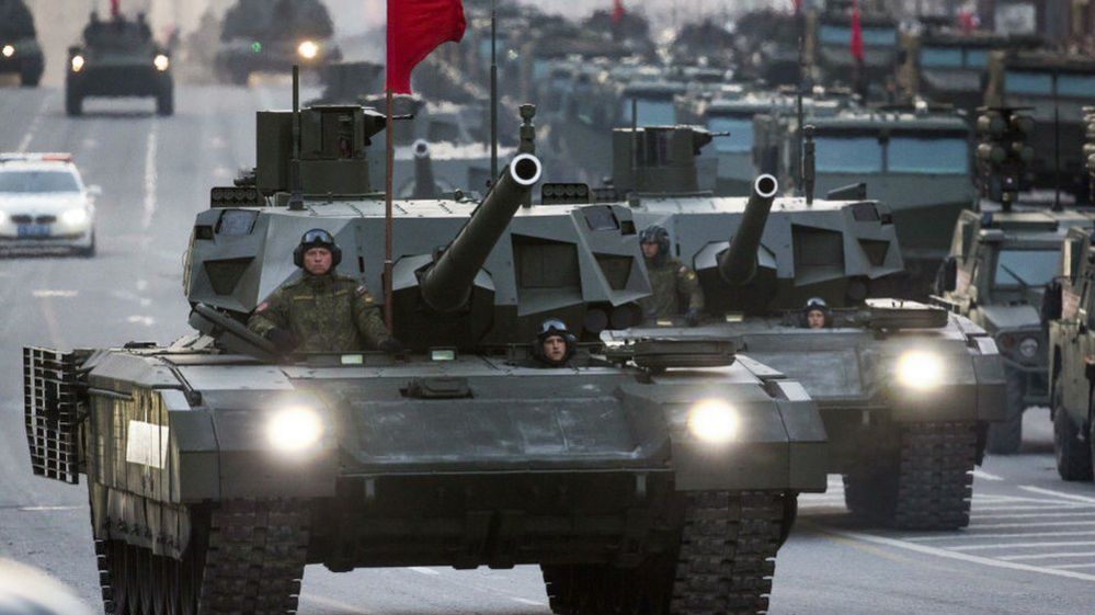 Russian T-14 Armata tanks make their way to Red Square during a rehearsal for the Victory Day military parade. May 4, 2015