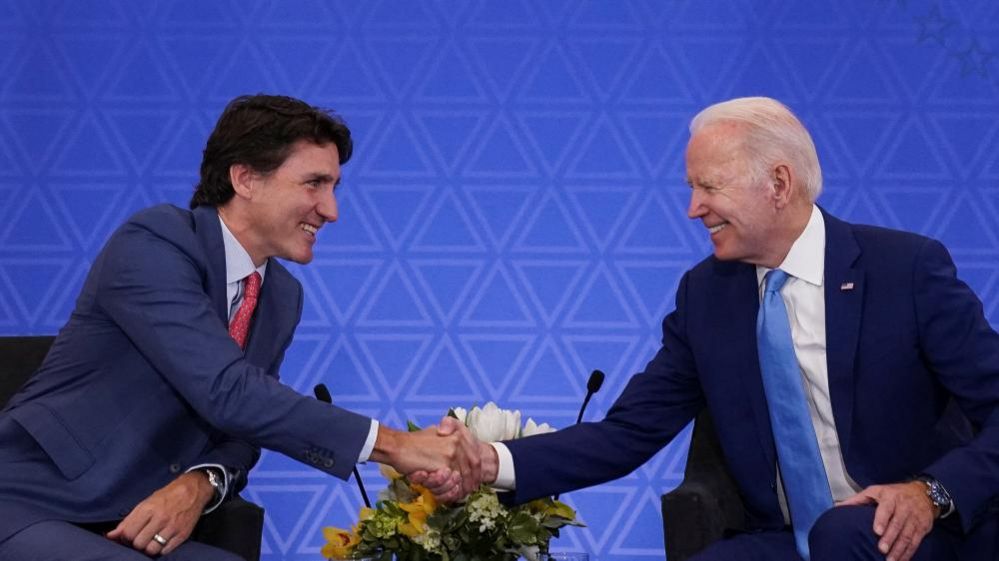 President Joe Biden shakes hands with Canadian Prime Minister Justin Trudeau during a bilateral meeting at the North American Leaders' Summit in Mexico City