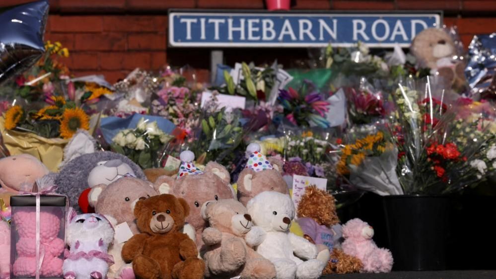 Stuffed teddy bears and flowers are seen, on the junction of Tithebarn Road and Hart Street, in memory of Elsie Dot Stancombe, Bebe King and Alice Dasilva Aguiar, three children victims of a knife attack during a dance event in Southport, Britain August 1, 2024