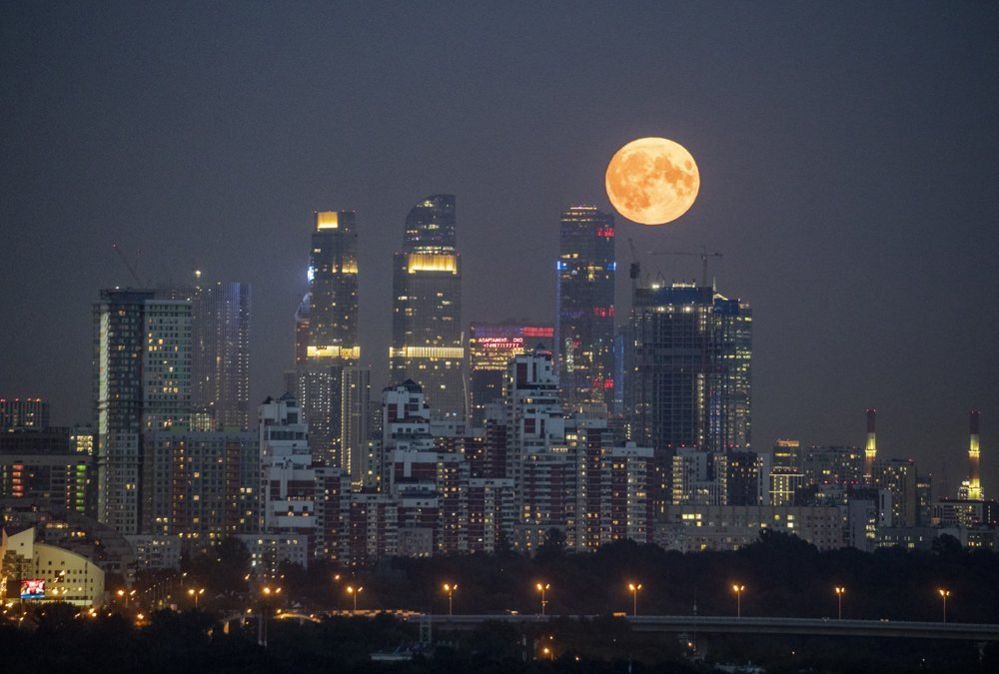 A rare Super Moon rises over the capital city on August 30, 2023 in Moscow, Russia.