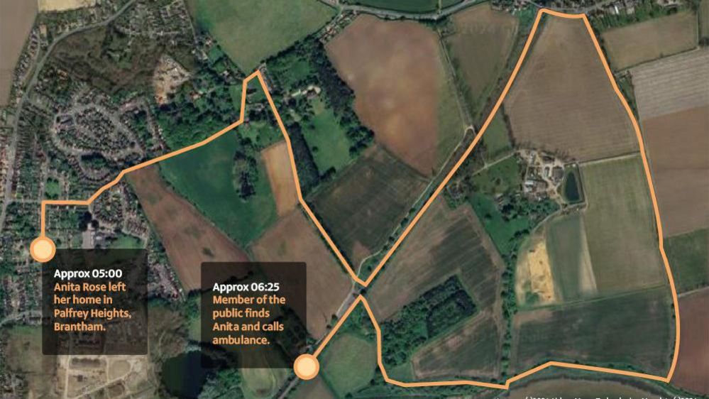 An aerial picture of Brantham and surrounding fields, with the route officers believe Ms Rose took highlighted