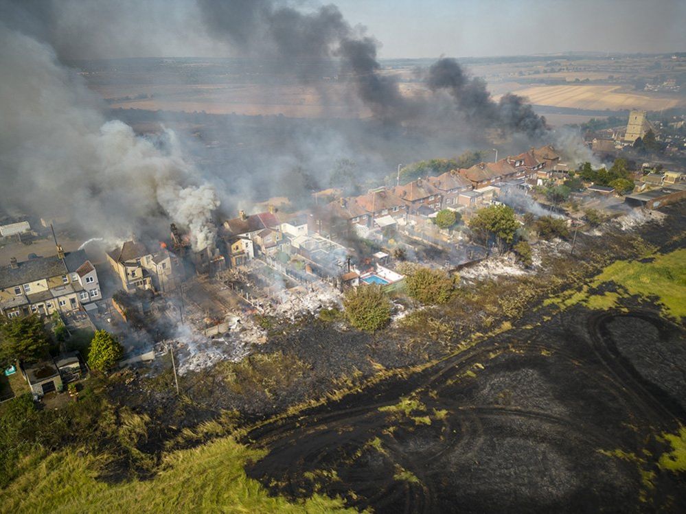 Houses on fire in Wennington, Essex,