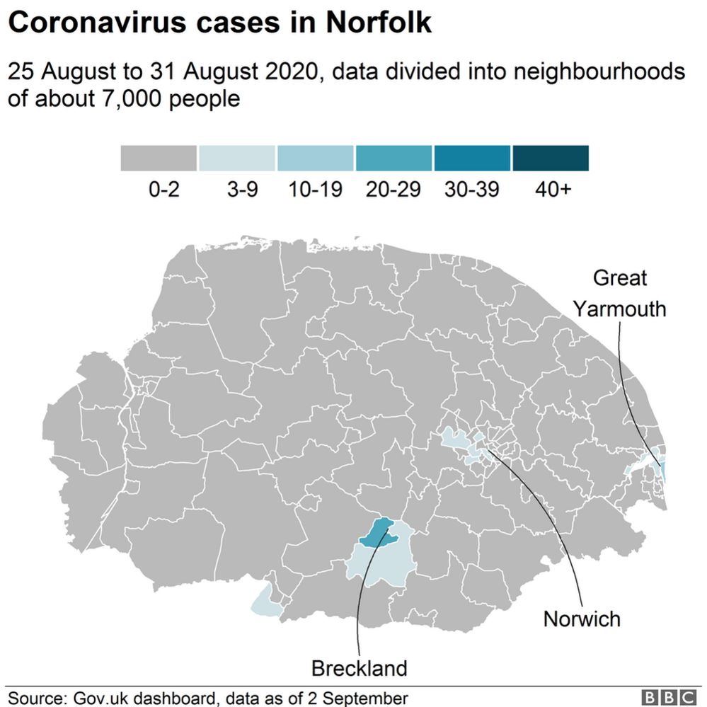 Map showing coronavirus cases in Norfolk