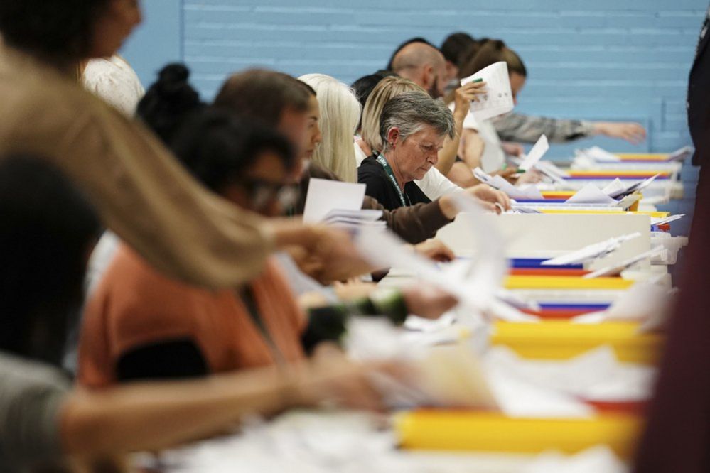 Ballots are counted at Queensmead Sports Centre in South Ruislip, west London