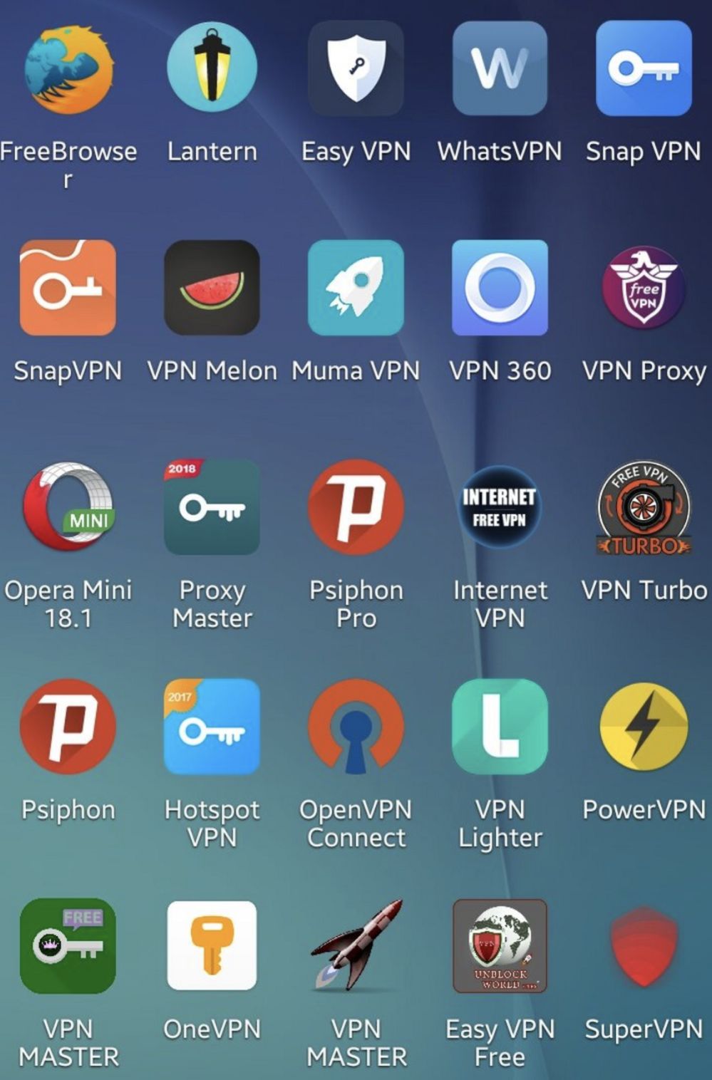 Screenshot of a phone with many installed VPN apps. Numerous apps that are often required by Iranian social media users who want to continue using blocked social media services such as Telegram.