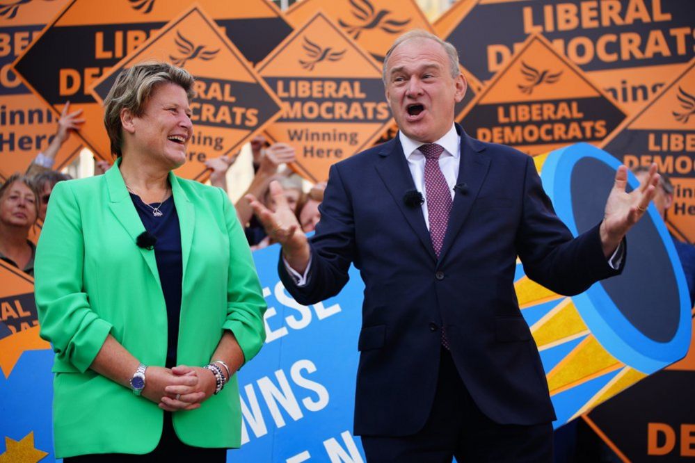 Newly elected Liberal Democrat MP Sarah Dyke with party leader Sir Ed Davey in Frome, Somerset, after winning the Somerton and Frome by-election