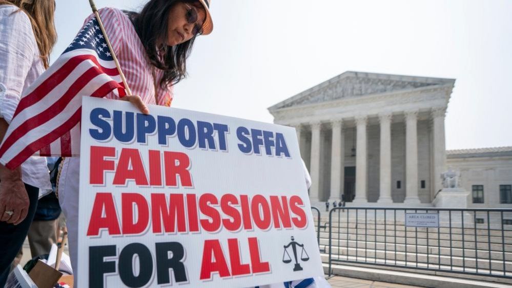 Activist from Students For Fair Admissions celebrate the affirmative action opinion at the Supreme Court on 29 June 2023