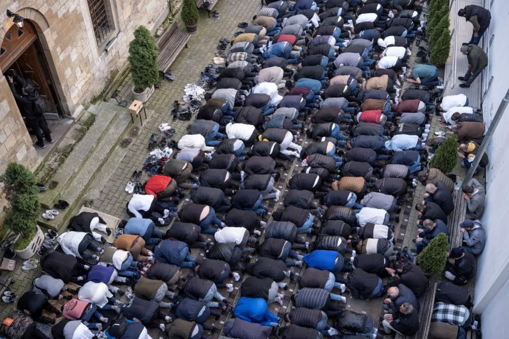 People pray at the Bajrakli Mosque in central Belgrade