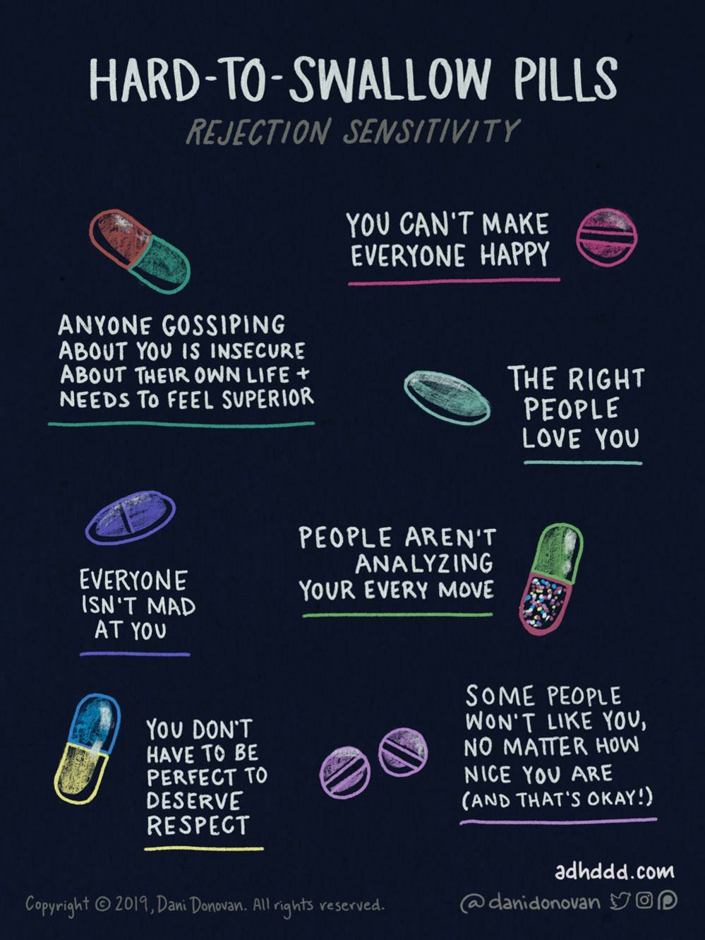 Graphic entitled 'Hard to Swallow Pills' and a sub-heading of 'rejection sensitivity'. One pink pill for 'You can't make everyone happy'; a red and green capsule for 'Anyone gossiping about you is insecure about their own life and needs to feel superior'; a green pill for 'The right people love you'; a blue pill for 'Everyone isn't mad at you'; a green and dotted pill for 'People aren't analyzing your every move'; a blue and yellow pill for 'You don't have to be perfect to deserve respect' and two purple pills for 'Some people won't like you, no matter how nice you are (and that's okay!).