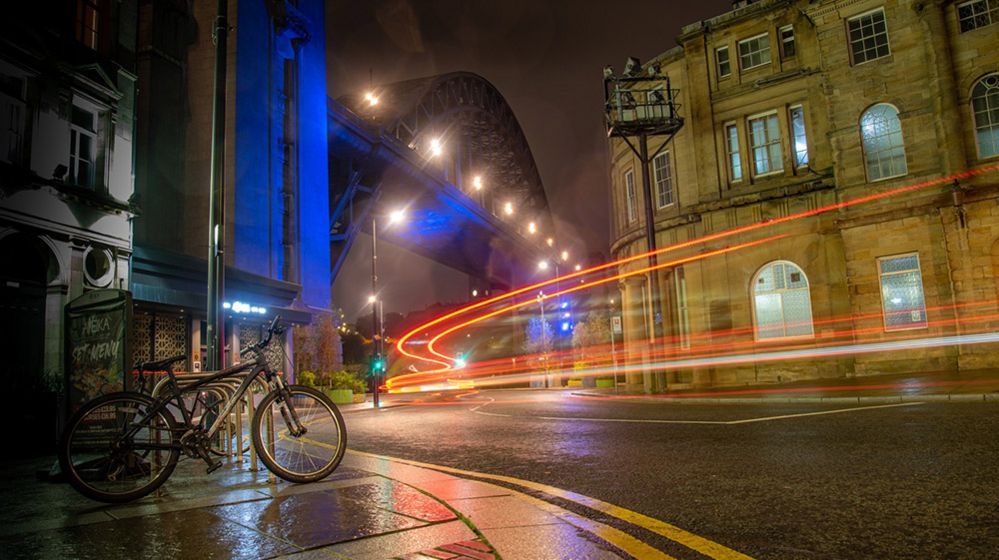 Light trails under an empty Tyne Bridge in Newcastle