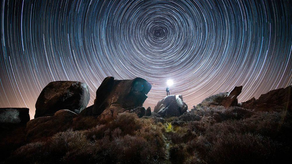 Star trail over Ramshaw Rocks in the Staffordshire Moorlands, Staffordshire