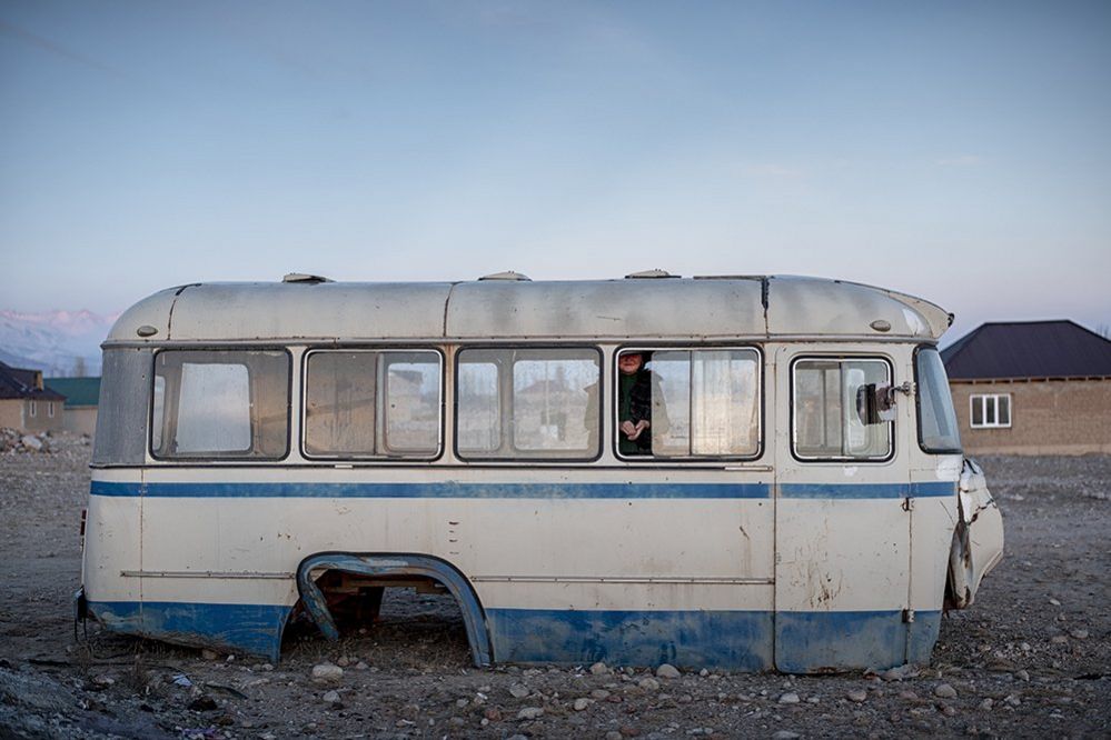 A girl in a bus in Kyrgystan, 2019