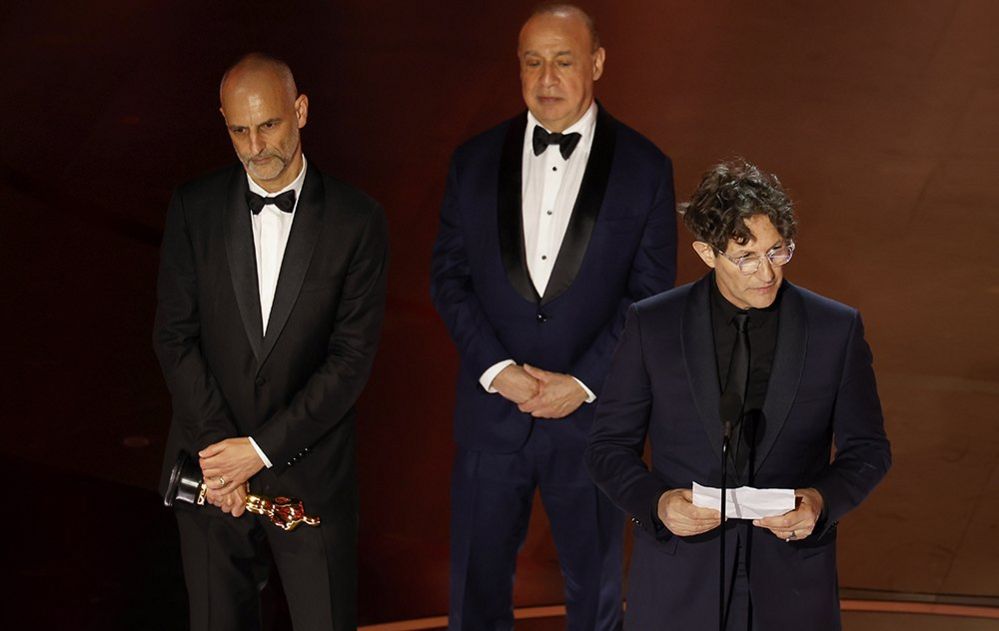 James Wilson (L) Leonard Blavatnik (C) and Jonathan Glazer (R) after winning the Oscar for the Best International Feature Film during the 96th annual Academy Awards ceremony at the Dolby Theatre in the Hollywood neighborhood of Los Angeles, California, USA, 10 March 2024