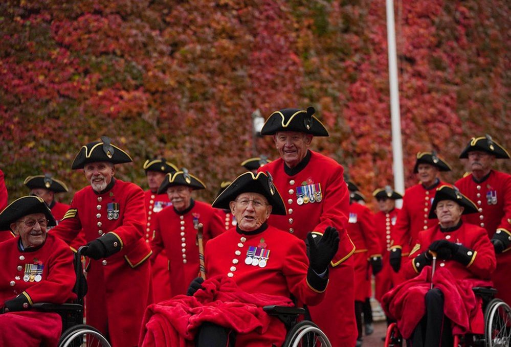Chelsea Pensioners at the Saluting Base in Horse Guards during the Remembrance Sunday service at the Cenotaph, in Whitehall, 12 November 2023