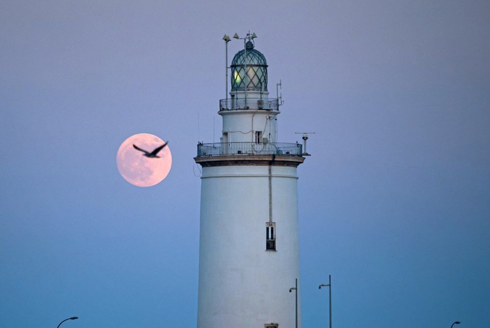 La luna crescente nel cielo sopra un faro si vede al porto di Malaga il 2 luglio