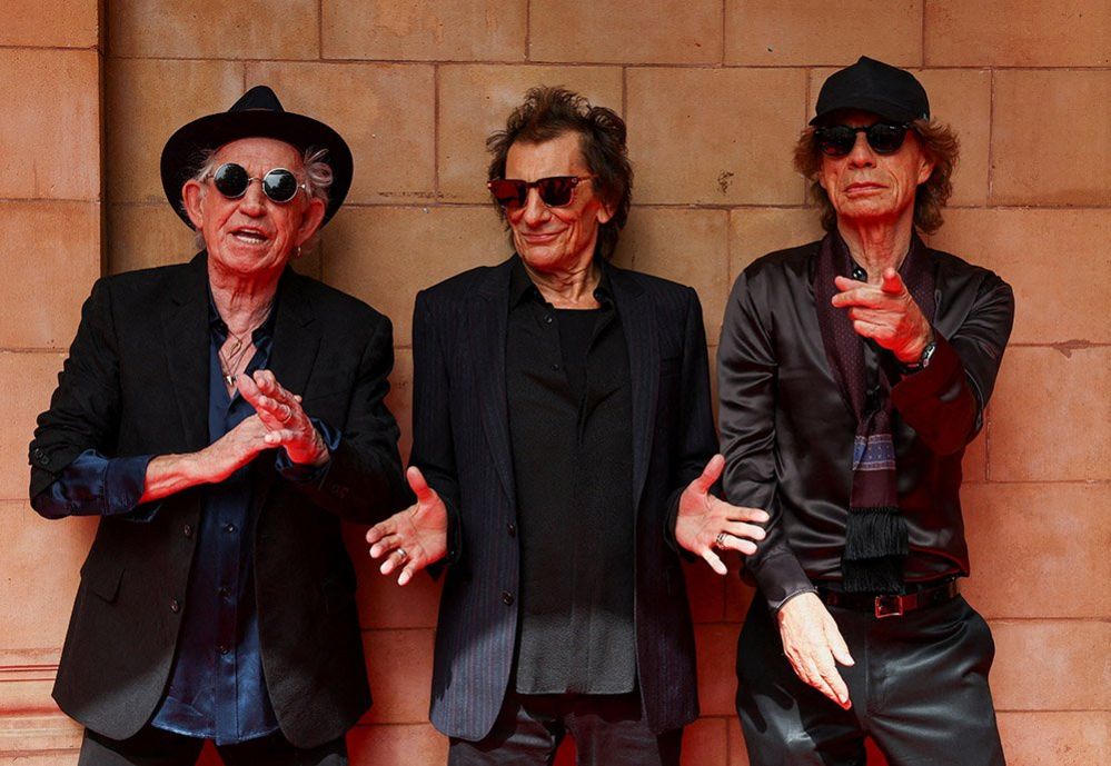 Rolling Stones band members Mick Jagger, Keith Richards and Ronnie Wood attend a launch event for their new album