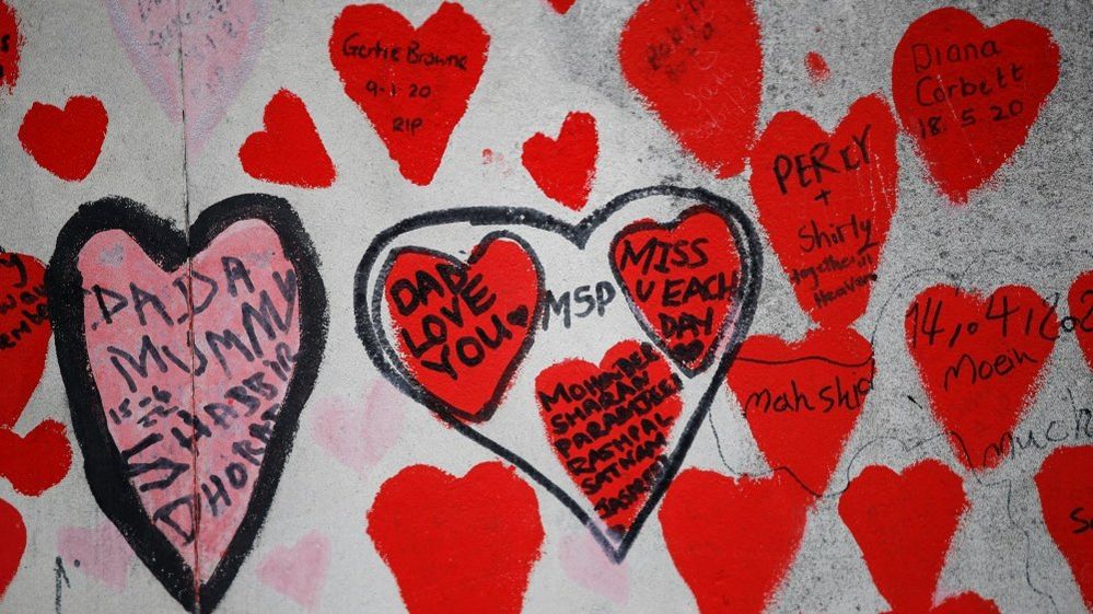 FILE PHOTO: Messages are displayed on the National Covid Memorial Wall, a dedication of thousands of hand painted hearts and messages commemorating victims of the COVID-19 pandemic, in London, Britain, October 4, 2022. REUTERS/Peter Nicholls/File Photo